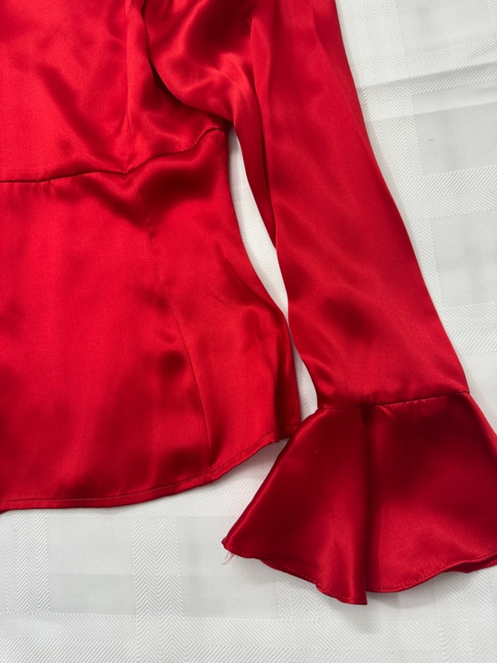 Anne Klein Red Satin Ruffled Button-Front Blouse - Picture 15 of 16